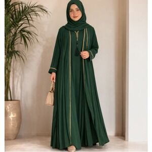 Al Jaber Gallery Emerald Gold Beaded Trim Armani Two Piece Abaya Size 58 NWT